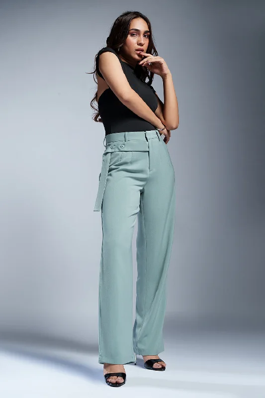 High-quality Fabrics Meadow Green Strap Detailed Korean Pants