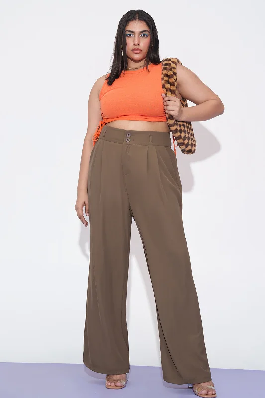 Sporty Wear Mocha Mist Curve Pleated Double Button Korean Pants