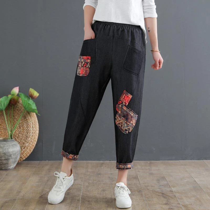 Celebrity Style Mom's Cotton Linen Plus Size Denim Harem Pants