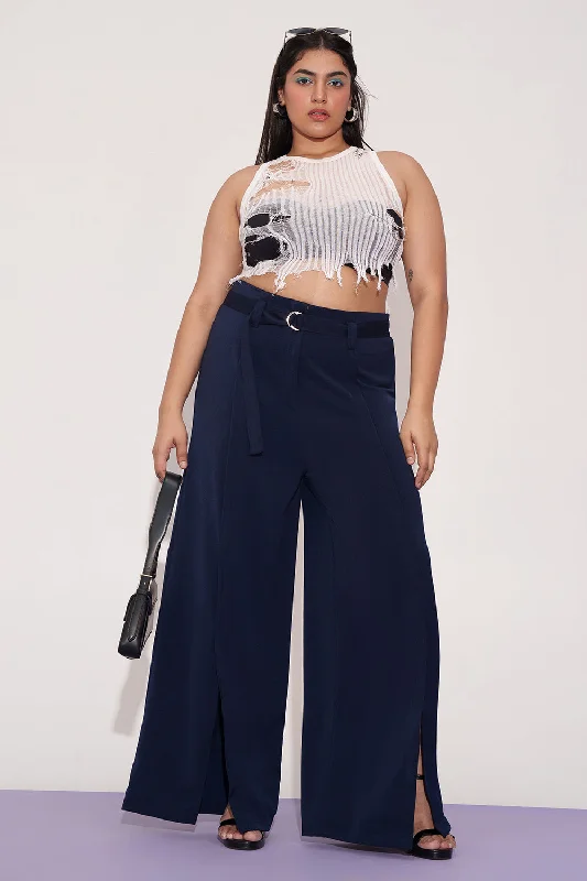 Elegant Tailoring Mystic Navy Curve Belted Flared Korean Pants