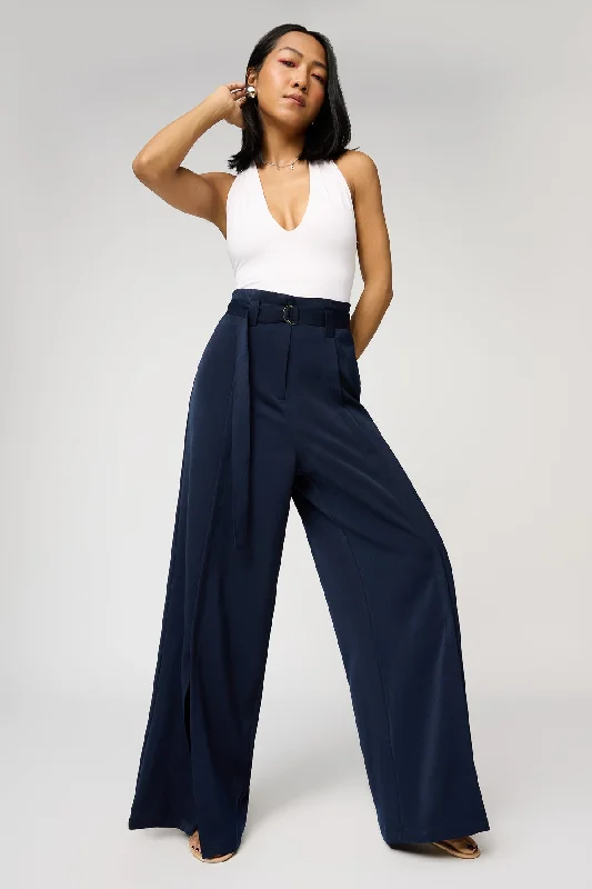 Celebrity Style Celestial Navy Belted Flared Korean Pants