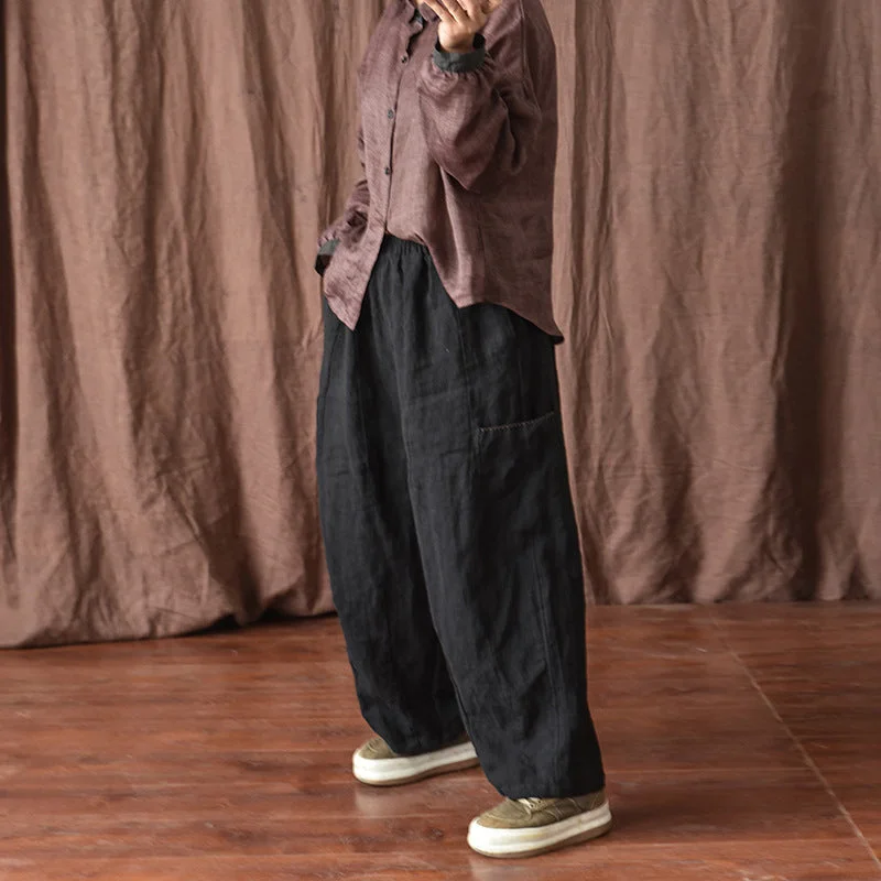 Sports Fashion Plus Size Women Spring Summer Solid Linen Loose Trousers