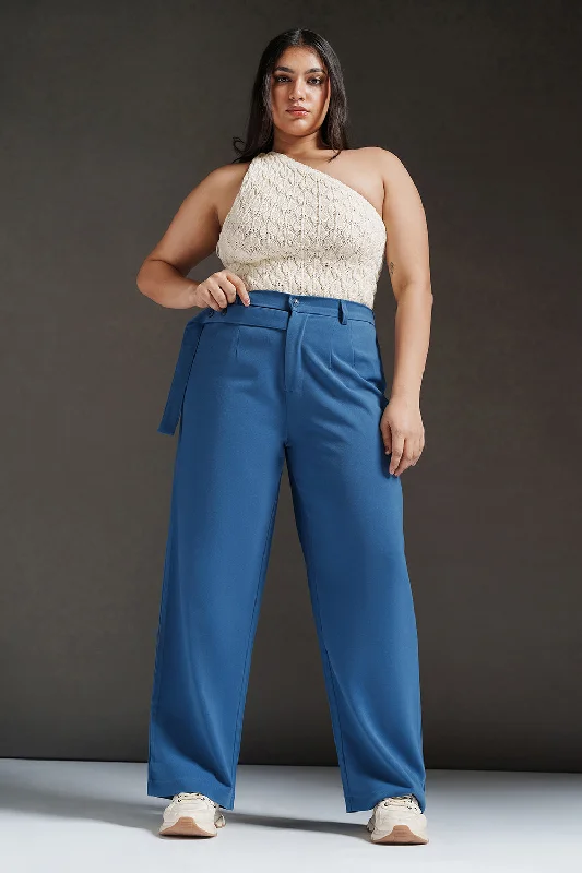 Versatile Comfort Radiant Blue Curve Strap Detailed Korean Pants