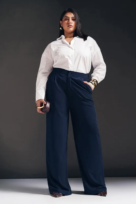 Weekend Wear Regal Navy Curve Pleated Straight Fit Korean Pants