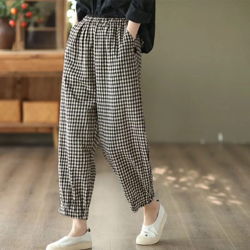 Mid-length Style Retro Linen Elastic Waist Pliad Casual Pants
