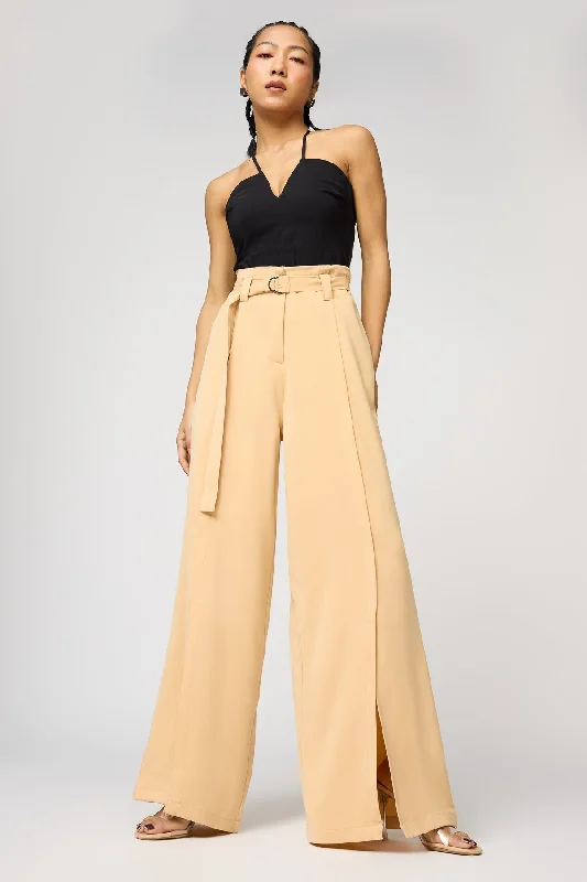Everyday Chic Soft Sand Belted Flared Korean Pants