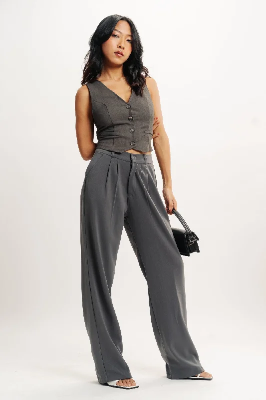 Fashion Pioneer Grey Pleated Straight Fit Korean Pant