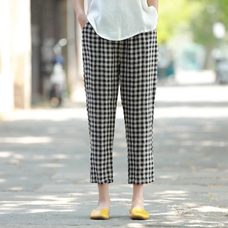 Energy Wear Spring Breathable Plaid Linen Pants