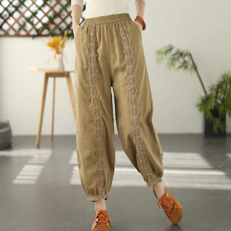 Soft Comfort Wear Spring Linen Lace Trim Patchwork Solid Pants