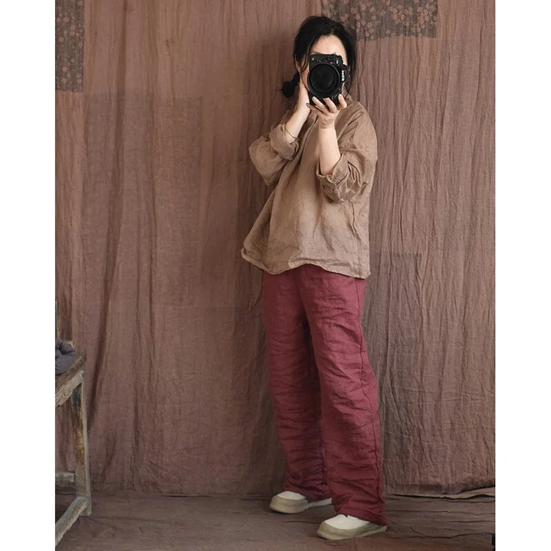 Relaxed Fits Spring Retro Linen Pleated Casual Wide-Leg Pants
