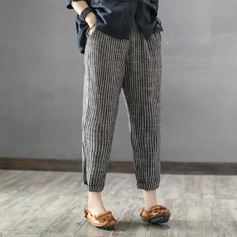Fashion And Simplicity Striped Casual Cropped Linen Harem Pants S-5XL