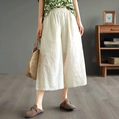 Elegant Fit Summer Loose Retro Embroidery Trim Wide Leg Pants