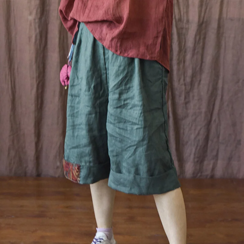 Outdoor Trend Summer Retro Patchwork Linen Loose Knee High Pants