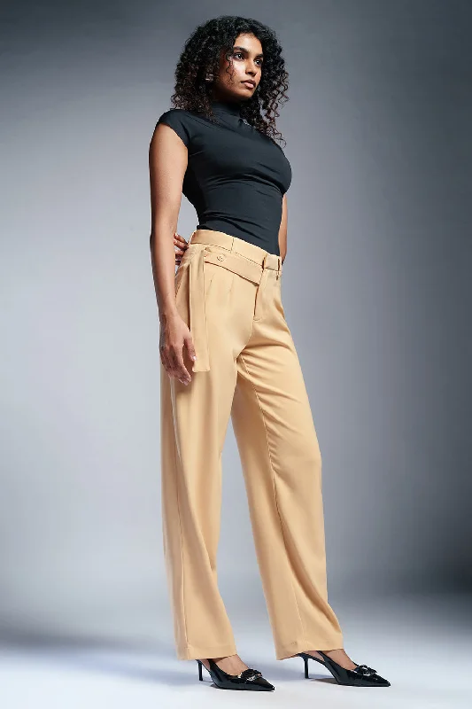 Light And Breathable Sunlit Beige Strap Detailed Korean Pants