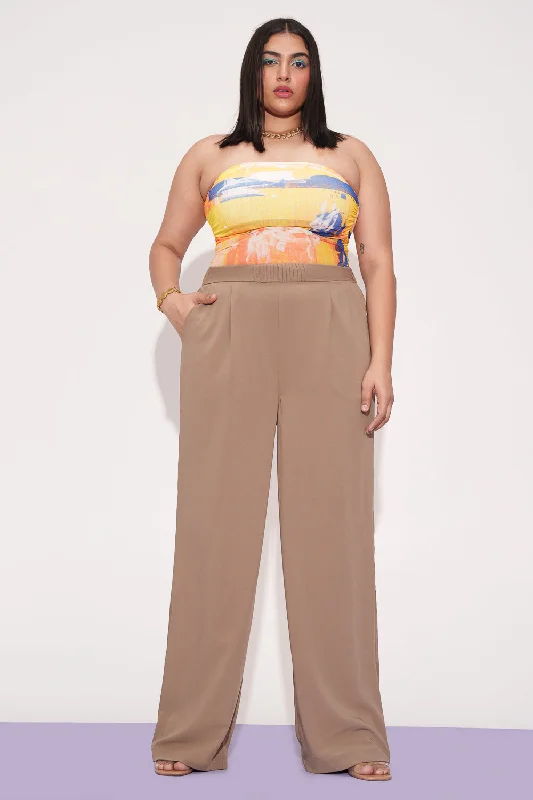 Personalized Clothing Tan Pleated Waistband Curve Korean Pants