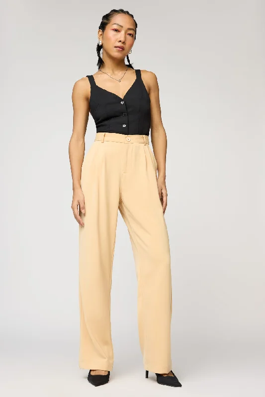 Soft Feel Warm Beige Pleated Straight Korean Pants