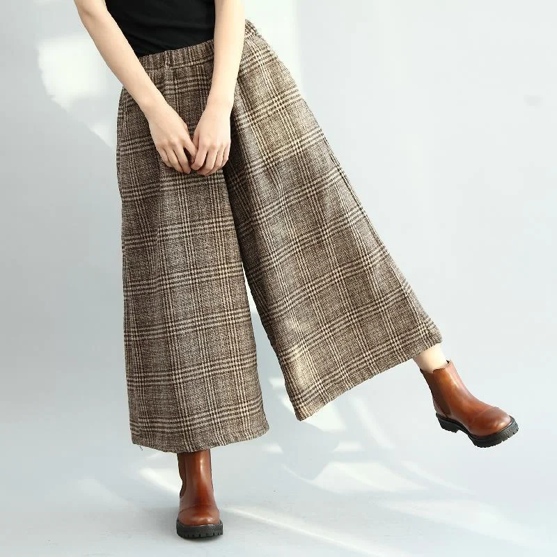 Relaxed And Casual Winter Elastic Waist Plaid Wide Leg Pants