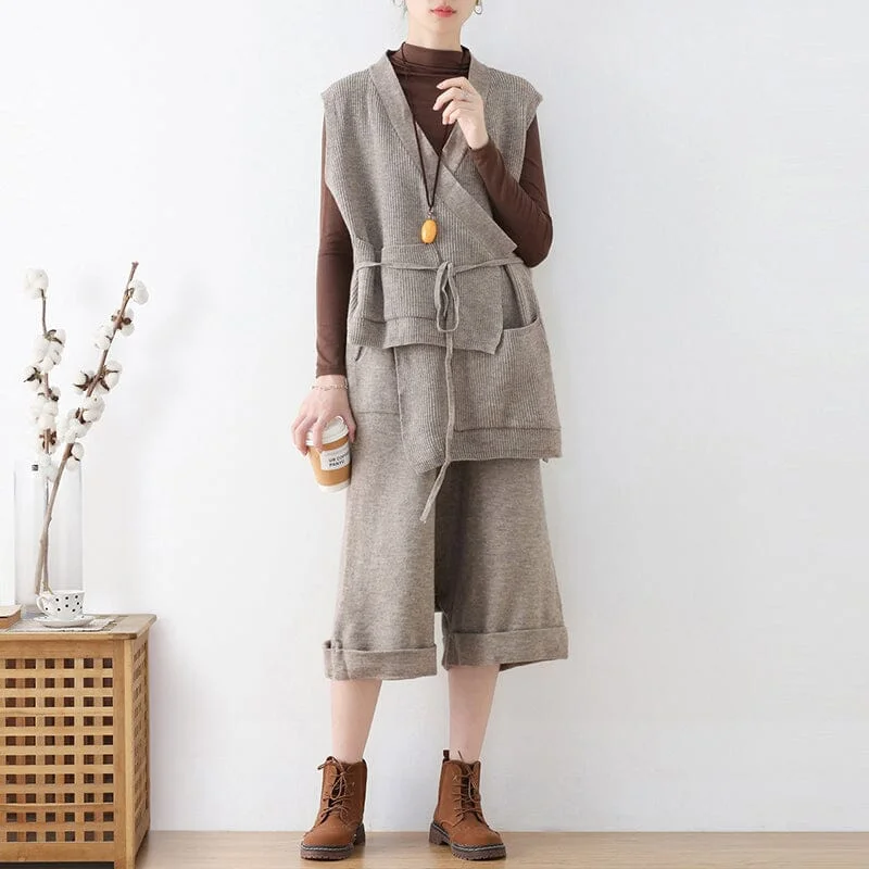 Knowledge And Elegance Women Autumn Retro Loose Knitted Vest & Pants Set