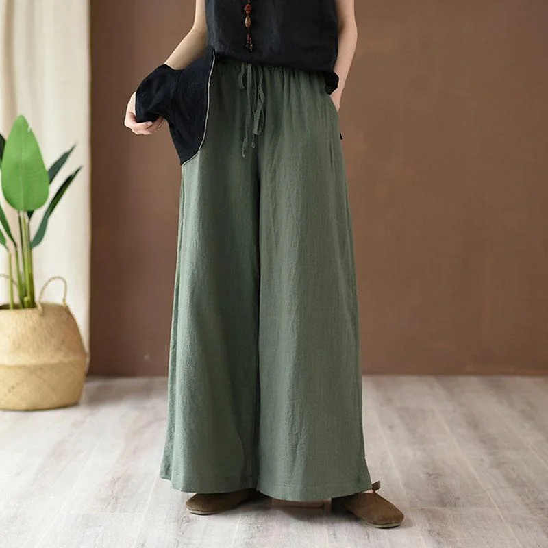 Celebrity Style Women Cotton Linen Wide Leg Pants in Green