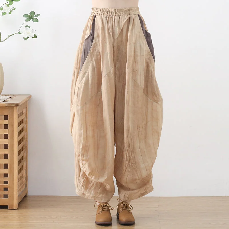 Elegant Design Women Loose Crinkled Color Block Linen Pants