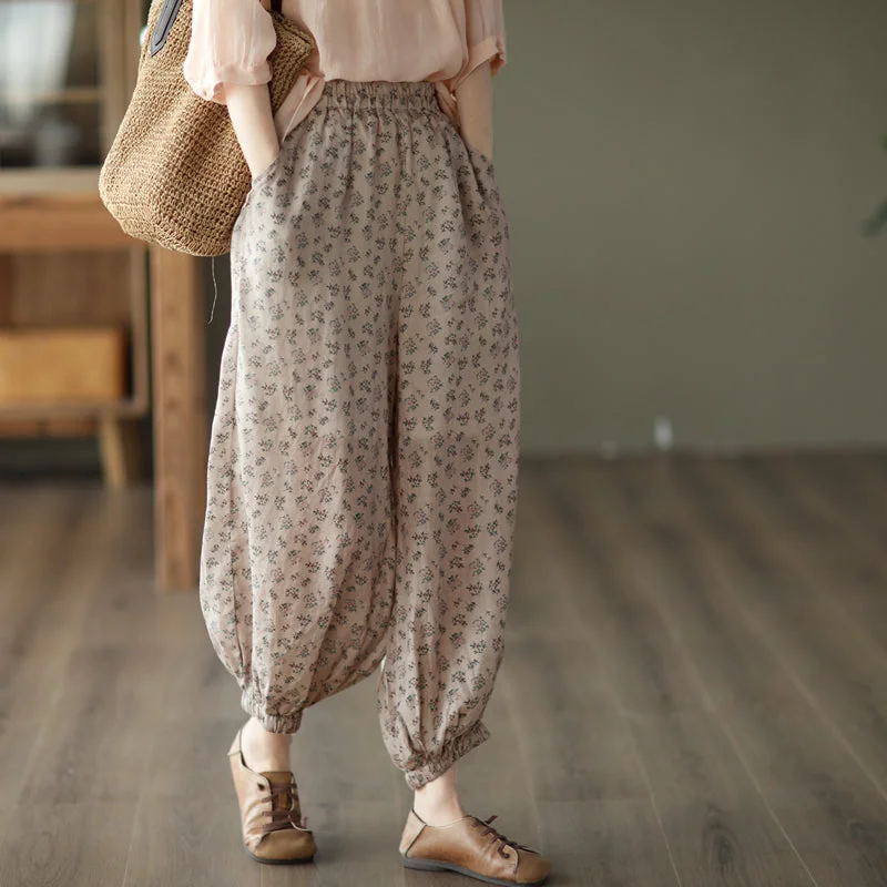 Spiritual Vitality Women Retro Floral Summer Loose Linen Pants