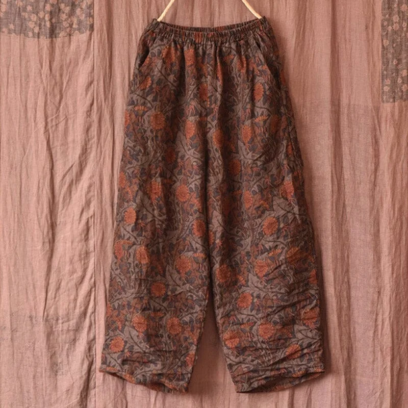 Classic Retro Women Retro Print Casual Loose Linen Pants