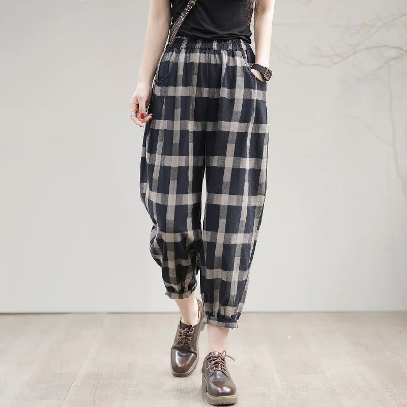 Comfortable Tops Women Spring Casual Loose Cotton Plaid Harem Pants