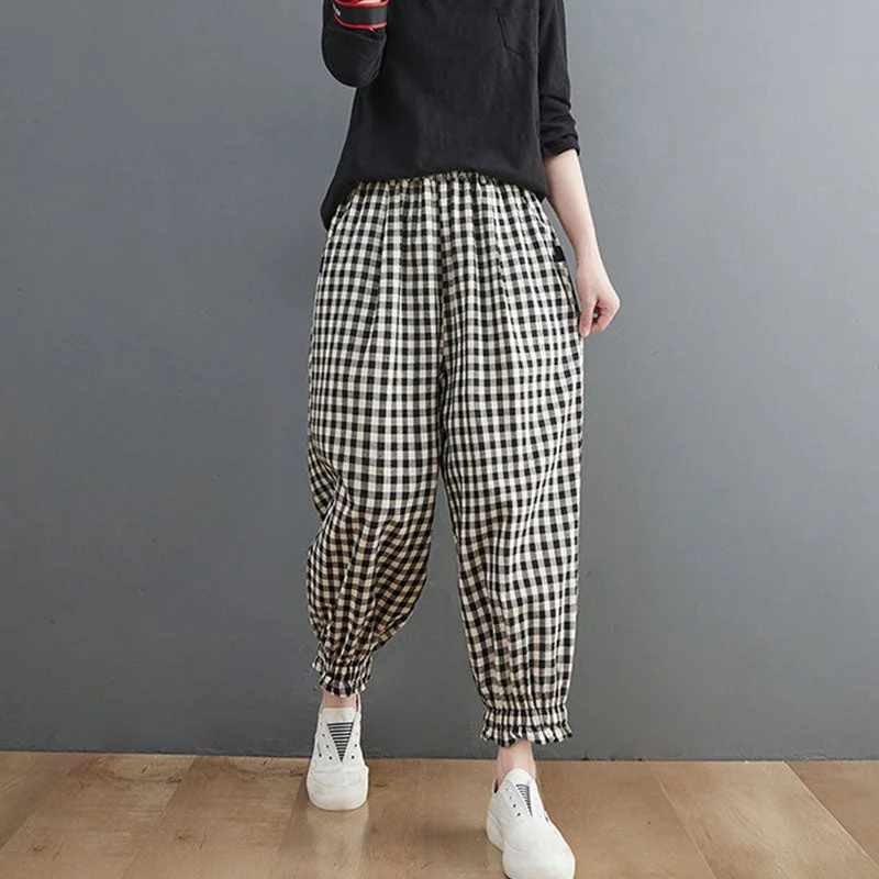 Creative Prints Women Spring Loose Plaid Linen Harem Pants