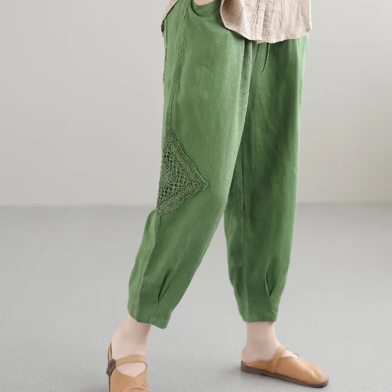 Slightly Flared Design Women Summer Casual Loose Hollow Thin Linen Pants
