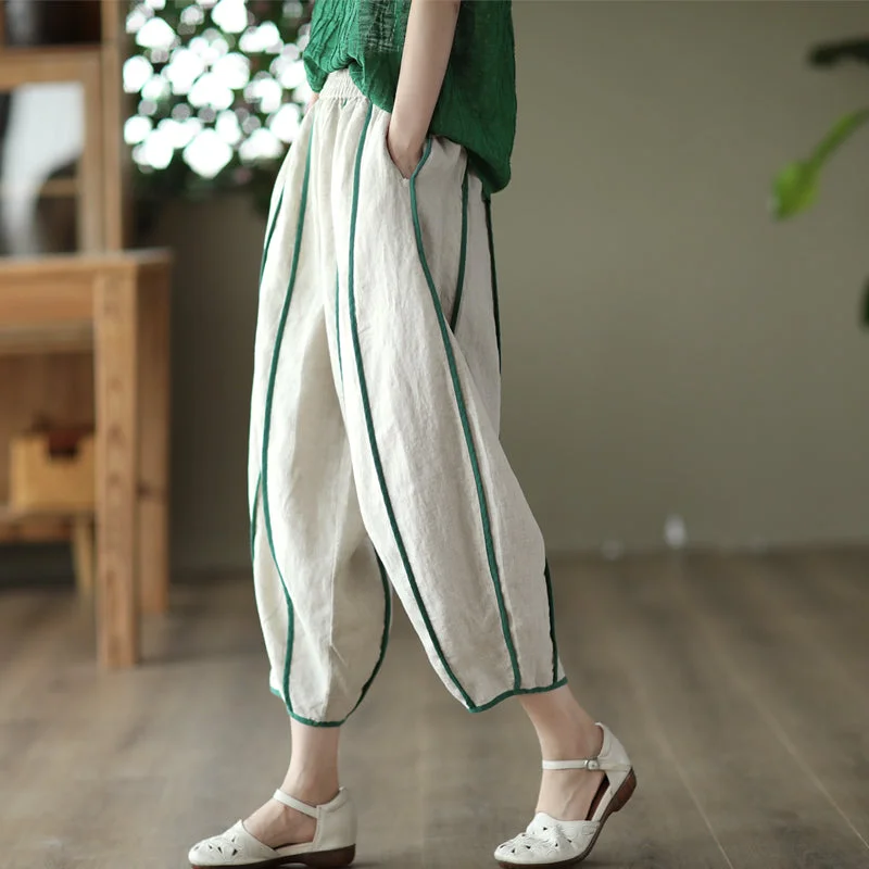 Luxury Temperament Women Summer Retro Loose Bloomers Stripe Thin Linen Pants