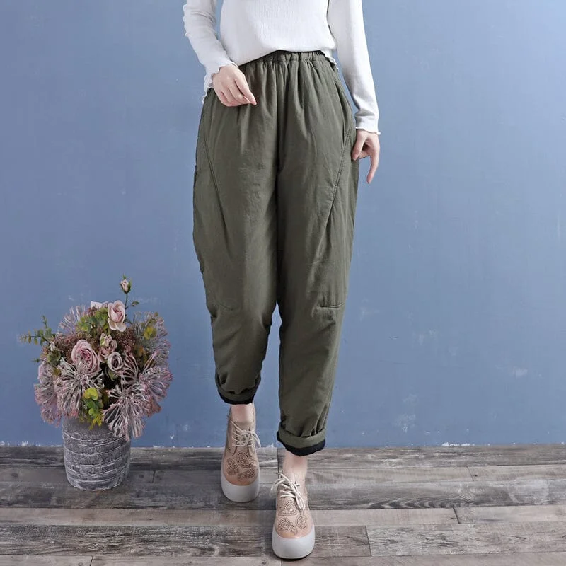 Nightclub Style Women Winter Retro Quilted Cotton Linen Pants