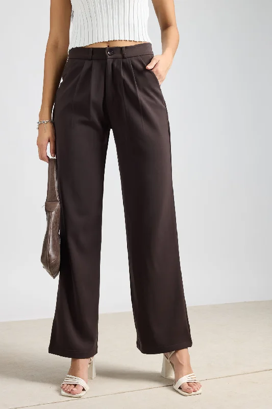 Easy Wear Chic Women's Pleated Dark Brown Korean Pant