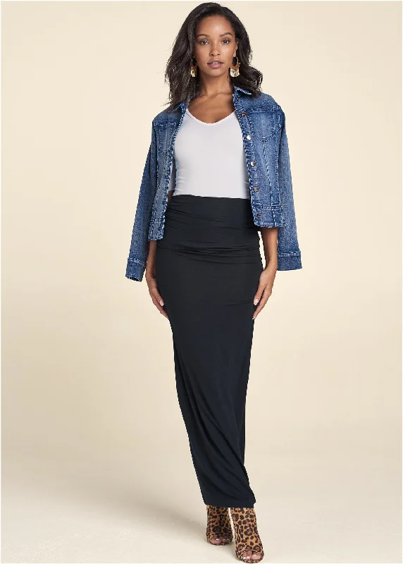 Sports Cool Gathered Waist Long Skirt - Black