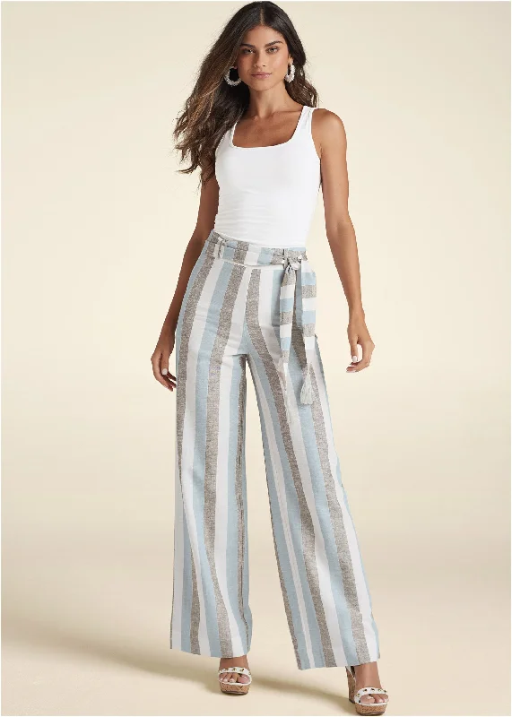 Comfortable Lounge Wear Striped Wide Leg Linen Pants With Belt With Self Belt - Light Blue Multi