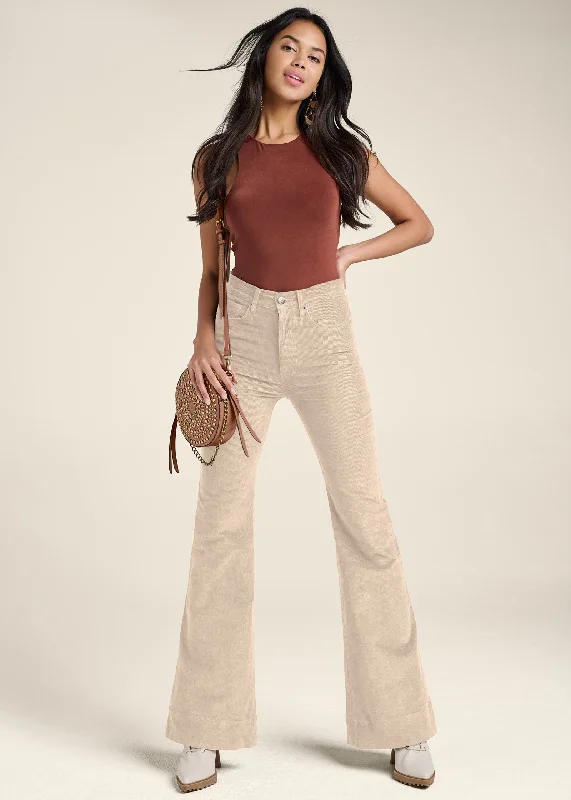 Slim Fit Corduroy Flared Pants - Cream