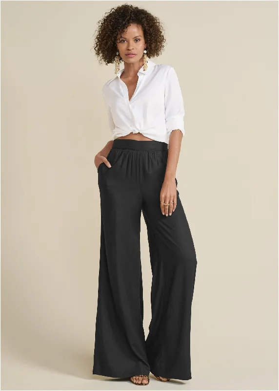 Casual Fit High-Waist Wide Leg Pants - Black
