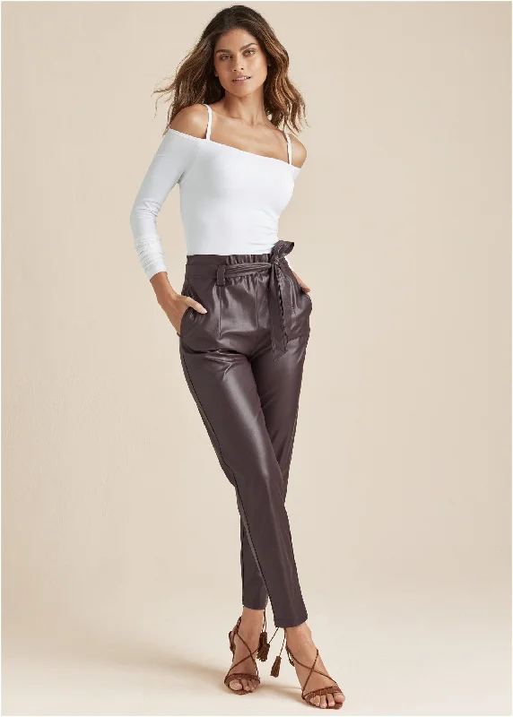 Fashionable Ease Belted Faux-Leather Pants - Dark Brown