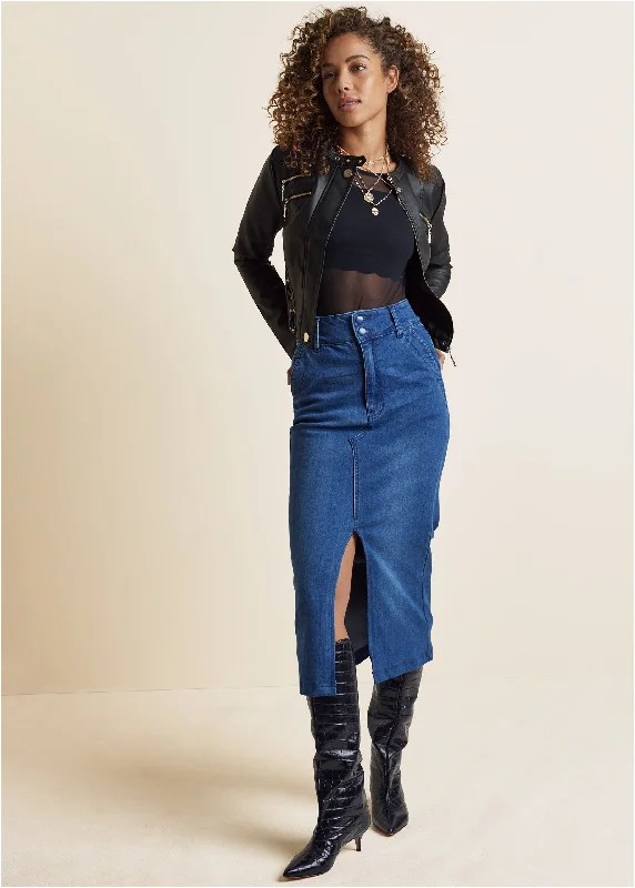 Spring Fashion Upcycled Denim Midi Skirt - Dark Wash