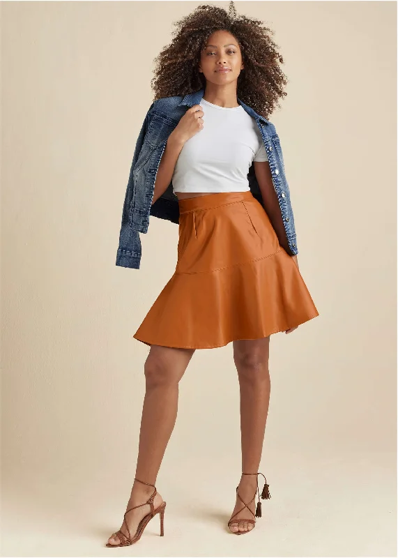 Cozy Lifestyle Faux Leather Trumpet Skirt  - Cognac