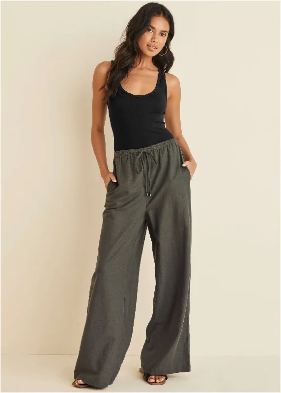 Soft Casuals Cotton Linen Wide Leg Pants - Olive