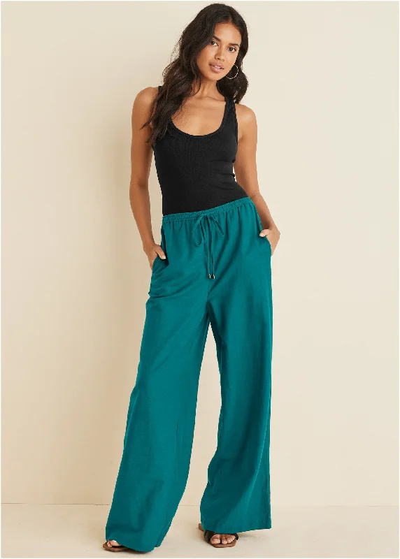 Fashion Must-have Cotton Linen Wide Leg Pants - Teal
