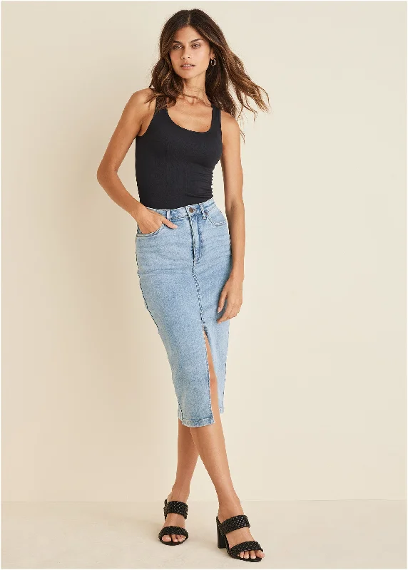 High-end Fabrics Denim Midi Skirt - Light Wash