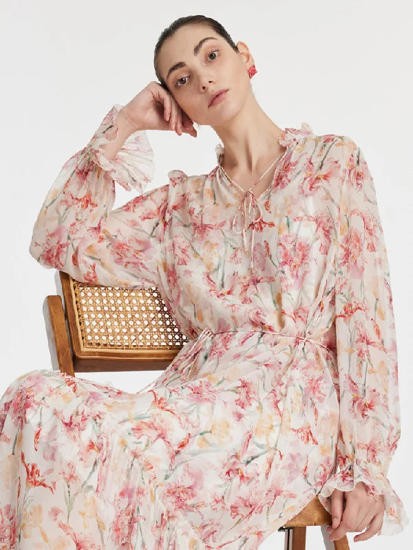 Comfortable Looks 10 Momme Mulberry Silk Iris Print Lantern Sleeve Women Maxi Dress