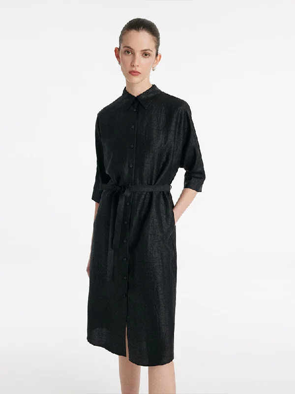 Versatile Casuals 18 Momme Xiang Yun Silk Single-Breasted Women Midi Shirt Dress With Belt