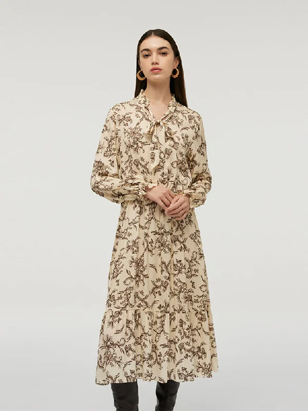 Elegant And Simple 19 Momme Mulberry Silk Floral Print Women Midi Dress