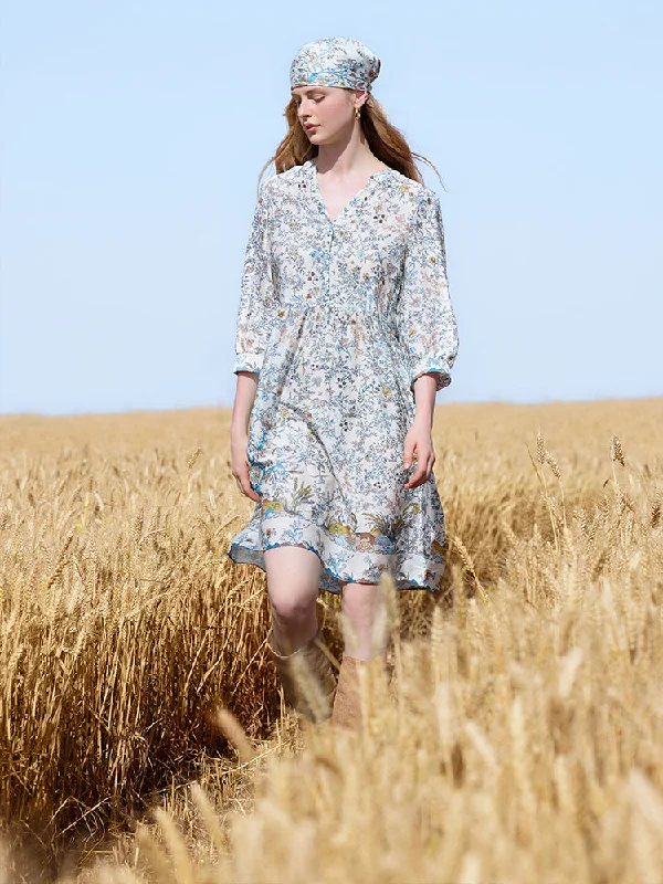 Cozy Dress 19 Momme Mulberry Silk Print Women Mini Dress With Scrunchie