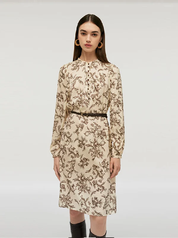 Denim Design 19 Momme Mulberry Silk Round Neck Print Women Midi Dress With Belt