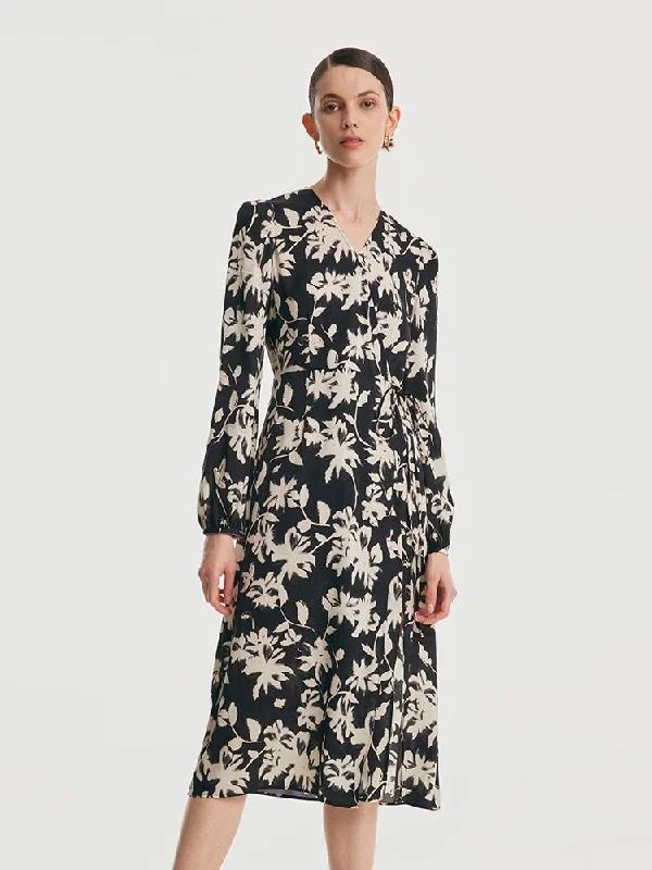Cozy Dress 19 Momme Stretch Silk Print Tea Break Midi Dress