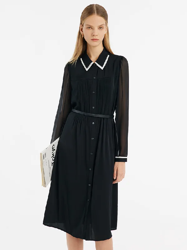 Relaxed Looks 22 Momme Mulberry Silk Contrast Trim Women Midi Dress With Belt