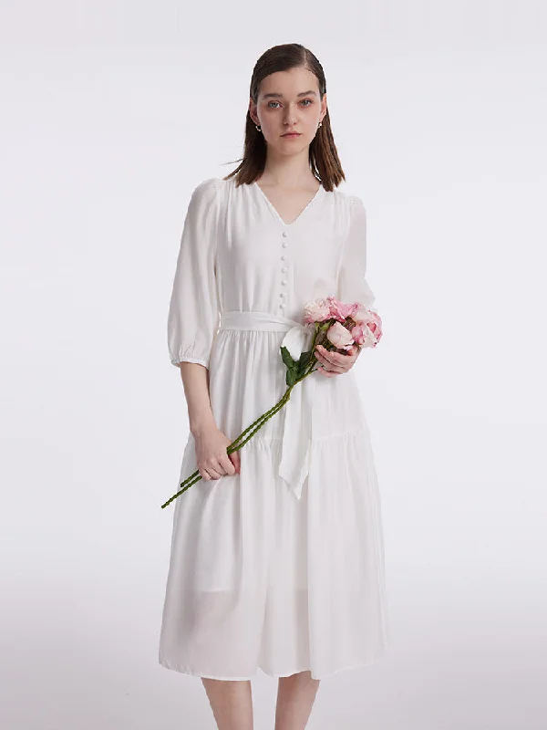 Artistic Temperament White V-Neck Gathered Waist Midi Dress